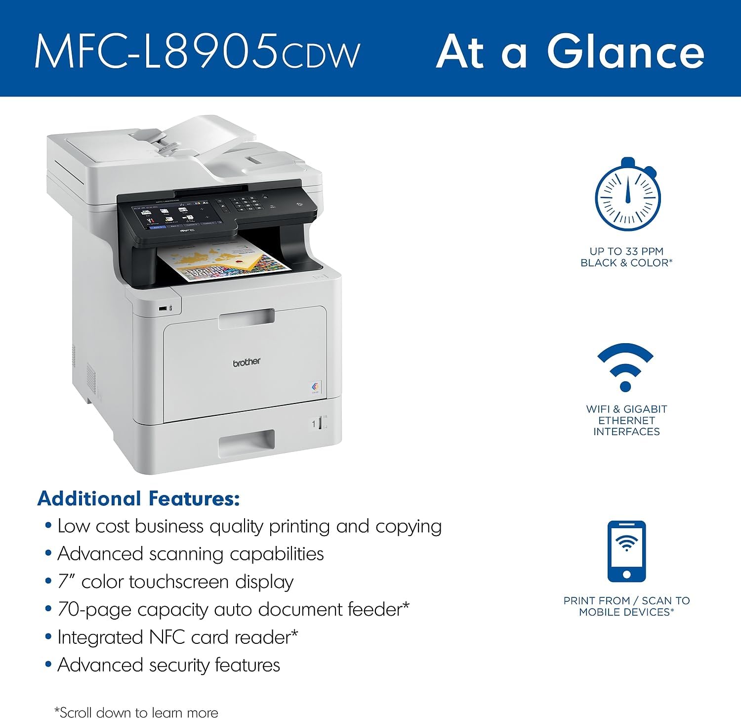 Brother Color Laser All-in-One Printer with Advanced Security, High-Speed 33ppm Printing, Wireless Network, 7 in Touchscreen, Duplex Print and Scan for Business (MFC-L8905CDW) - Image 2