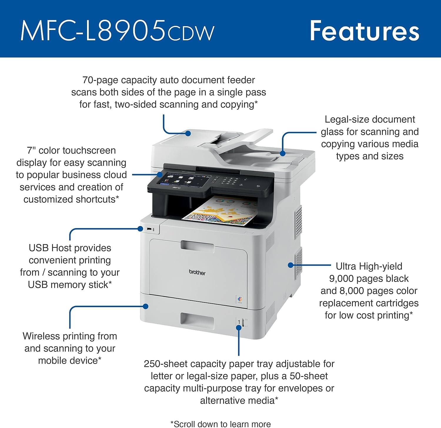 Brother Color Laser All-in-One Printer with Advanced Security, High-Speed 33ppm Printing, Wireless Network, 7 in Touchscreen, Duplex Print and Scan for Business (MFC-L8905CDW) - Image 3