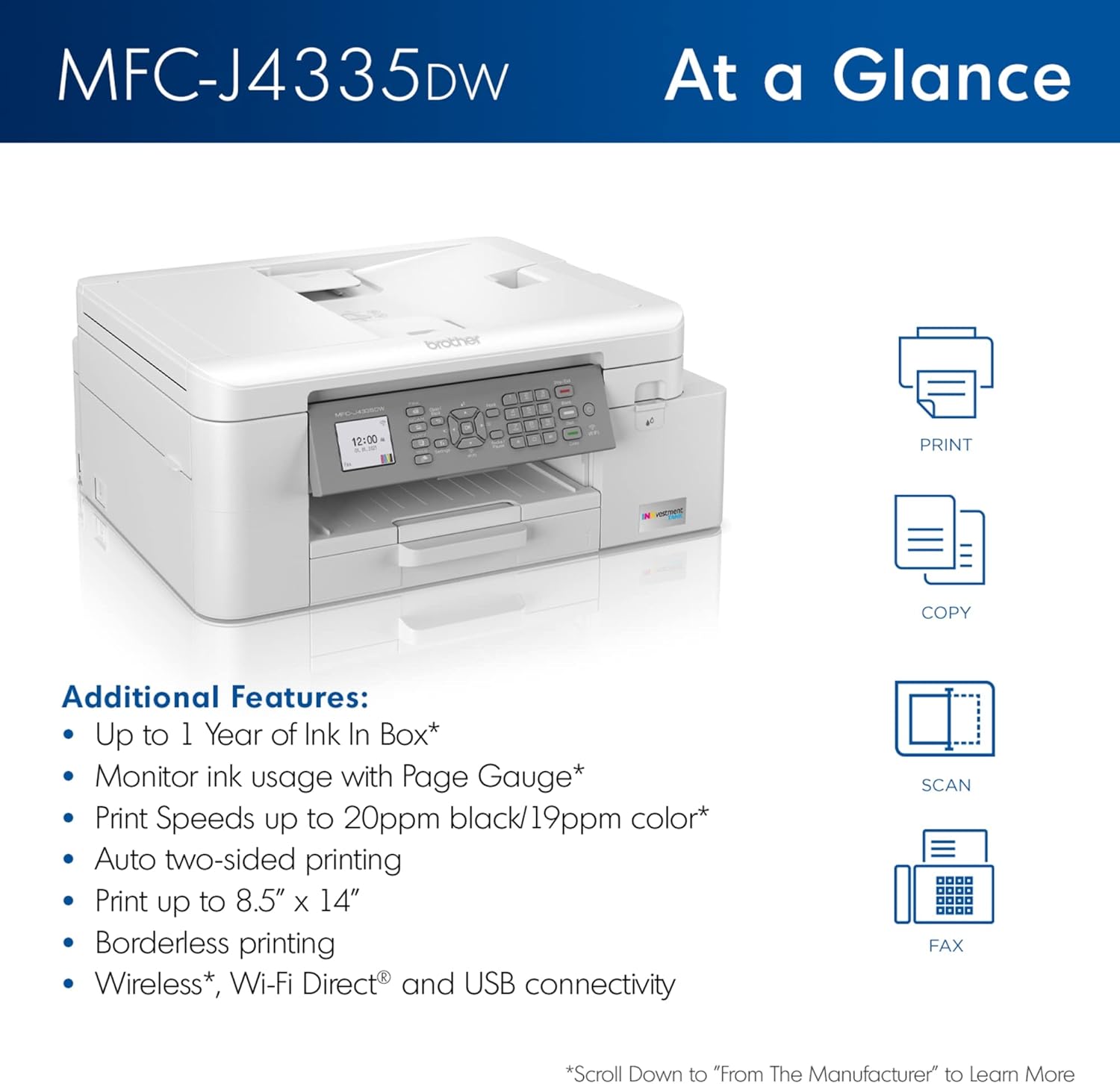 Brother MFC-J4335DW INKvestment Tank All-in-One Printer with Duplex and Wireless Printing Plus Up to 1-Year of Ink in-Box, Works with Alexa - Image 3
