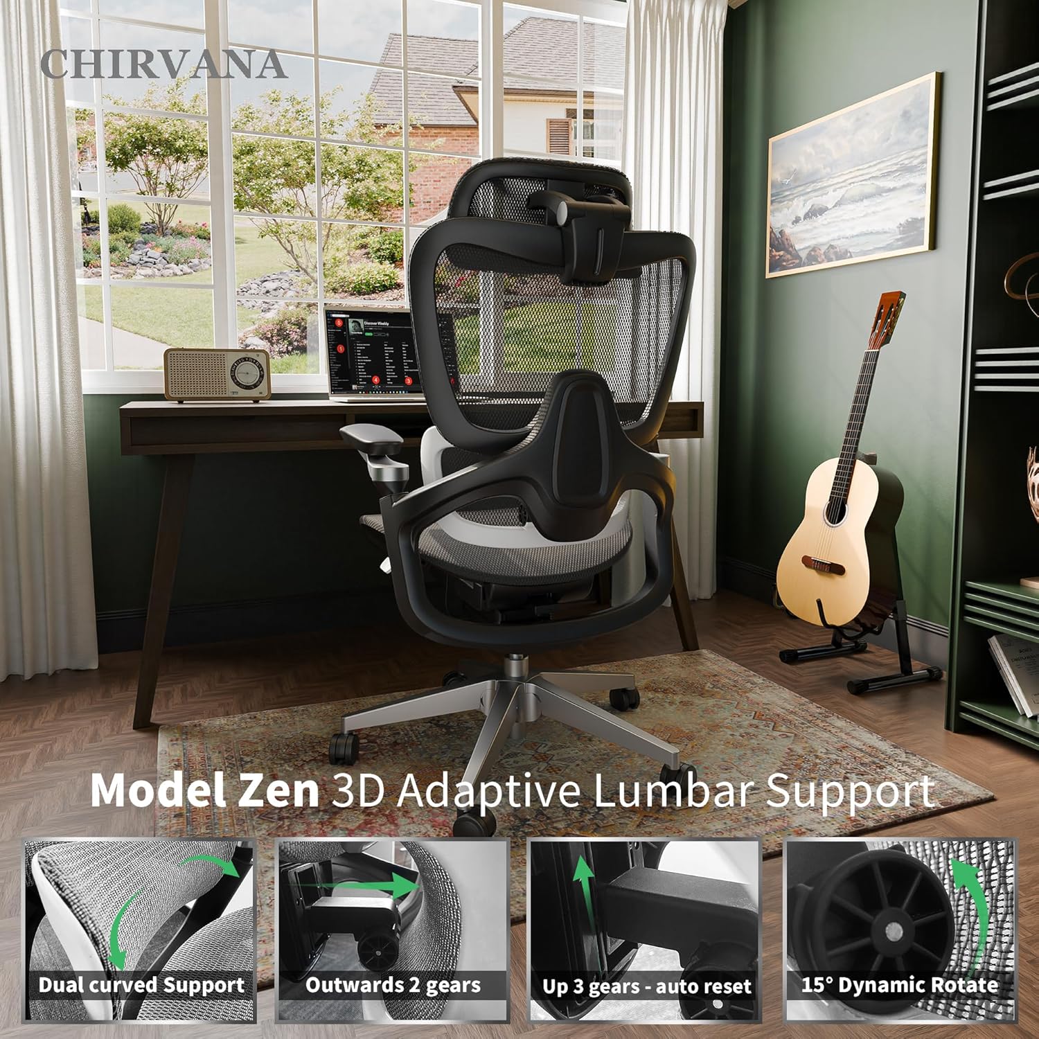 Ergonomic Office Chair, Big and Tall Mesh Computer Gaming Chair with Adaptive Lumbar Support, Work Chair with Headrest, 5D Armrest,90-130°Tilt, BIFMA Certified, Model Zen (Grey) - Image 3