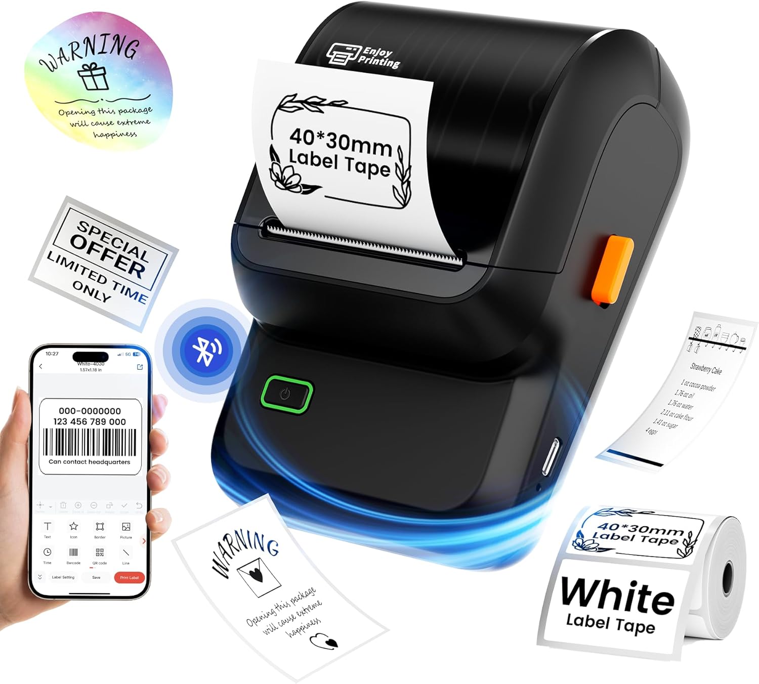Label Maker,Barcode Label Printer, Bluetooth Label Maker Machine with Tapes for Small Business,Home Use,Logo,Sticker Printer with 80 Fonts & 300 Templates, Black