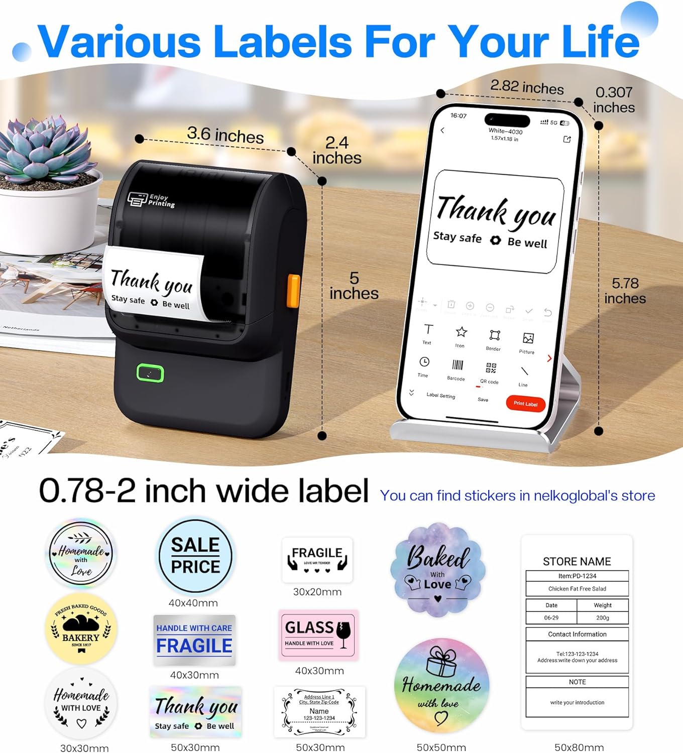 Label Maker,Barcode Label Printer, Bluetooth Label Maker Machine with Tapes for Small Business,Home Use,Logo,Sticker Printer with 80 Fonts & 300 Templates, Black - Image 5
