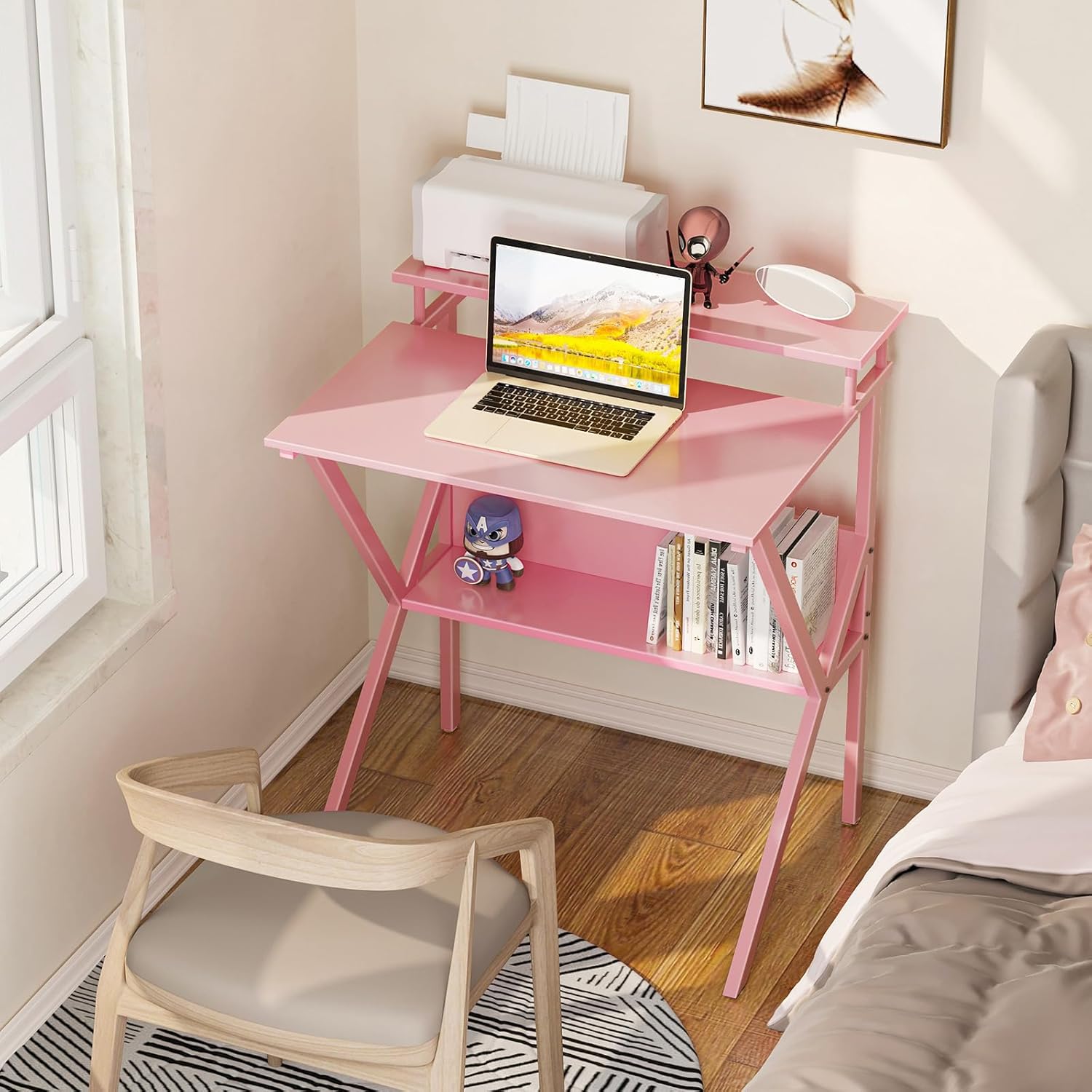ODK Small Desk, 27.5 Inch Small Computer Desk for Small Spaces, Compact Desk with Storage, Tiny Desk Study Desk with Monitor Stand for Home Office, Pink - Image 2