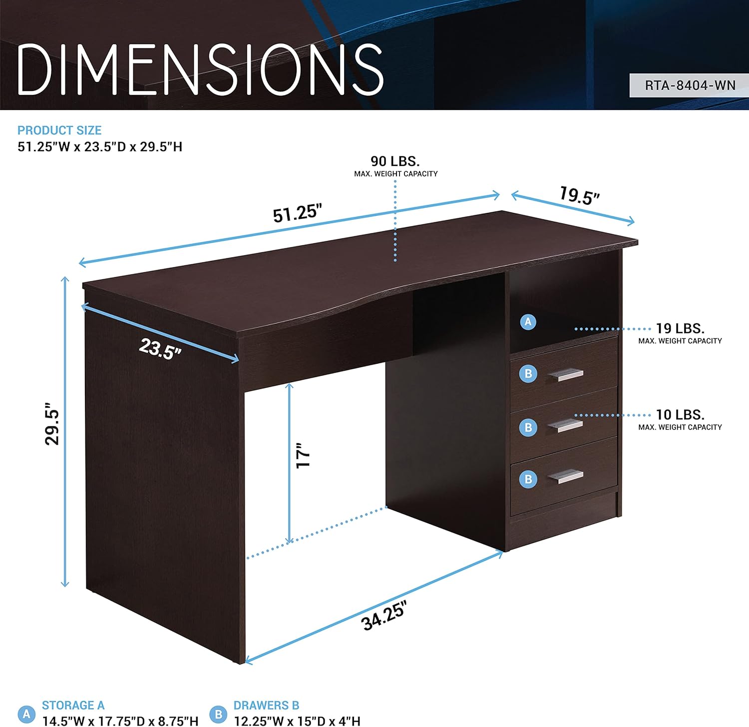 Techni Mobili Classic Computer Desk with Multiple Drawers, 29.5" x 23.6" x 51.2", Wenge - Image 3